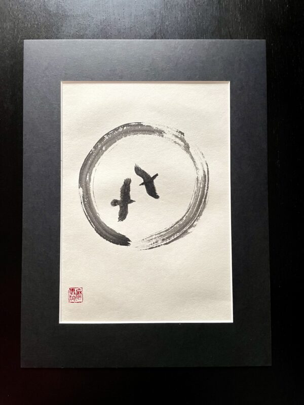 Black sun and 2 crows sumi-e