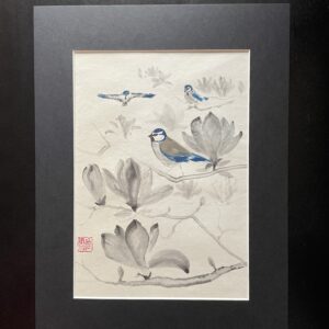 blue tits in magnolias sumi-e