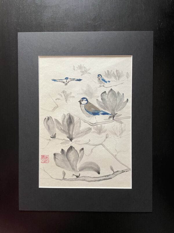 blue tits in magnolias sumi-e